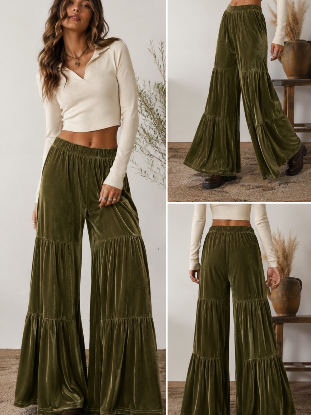 Luukse Olive Green Velvet Tiered Wide Leg Pants Size Medium Boho